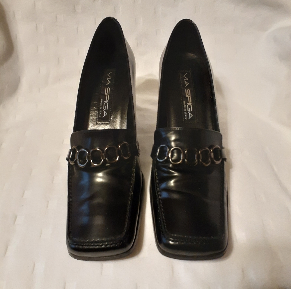 VIA SPIGA BLACK LEATHER SQUARE TOE LEATHER LOAFERS WOMEN'S SHOES SIZE 7